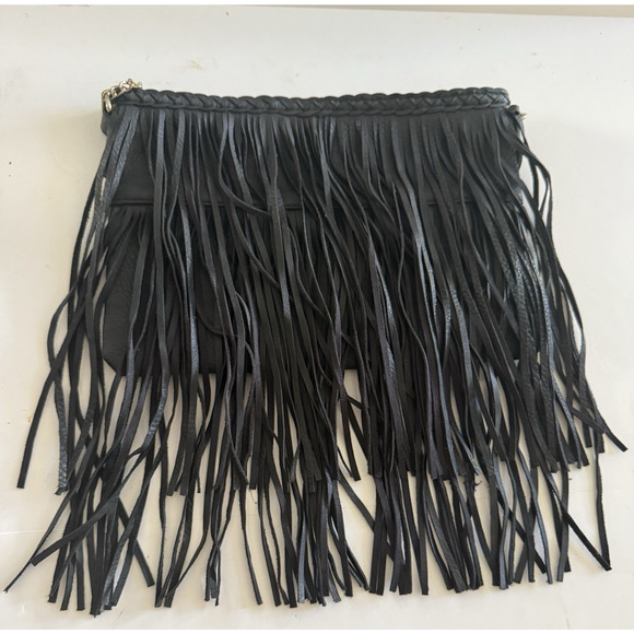 Black Fringe Boho Western Purse Shoulder Handbag w/ Chain strap Faux Suede MINT - Picture 1 of 7
